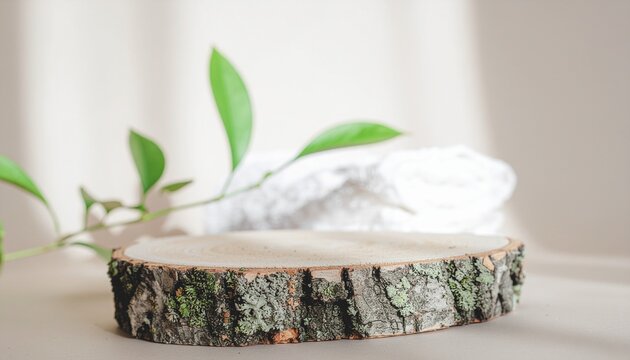 A wooden display stand for product presentation, with fresh green leaves and a soft, blurred background. The scene exudes simplicity and natural beauty, perfect for showcasing natural products