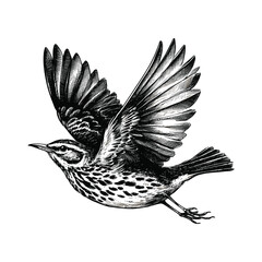 Highly detailed black and white vector illustration of a songbird in mid-flight with spread wings
