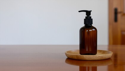 A minimalist shot of an amber glass bottle with a pump dispenser, resting on a wooden tray. Perfect for beauty, skincare, or lifestyle imagery