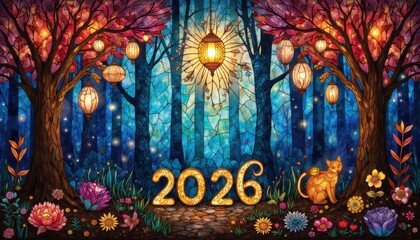 Enchanted Forest Happy New Year 2026 Stained Glass Trees image photo