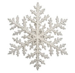 3D Realistic snowflake with natural frosty texture. detailed winter ice crystal ornament isolated on transparent background, soft white powder snow style decoration.