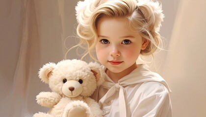 A Cute Little Girl Embracing a Teddy Bear with a Delightful Smile