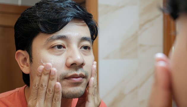 A man applying cream to his face, looking into a bathroom mirror for his skincare routine. The image captures the man's reflection and his focus on self-care - Powered by Adobe