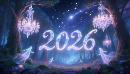 Enchanted Forest with Crystal Chandeliers and Spirits for 2026 new year magic