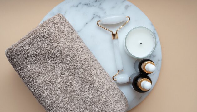 A serene spa scene featuring a towel, a facial roller, essential oil bottles, and a lit candle, embodying relaxation and self-care