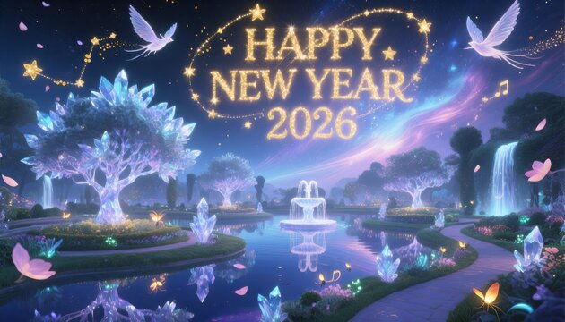 Enchanted New Year 2026 garden with crystal trees and glowing lights image photo