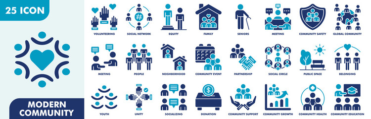 Modern Community Icon Set Collection. Consist Of Volunteering, Social Network, Equity, Family, Seniors, Meeting, Community Safety, Global Community. Simple Flat Vector Illustration.