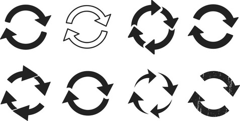 Circular refresh and reload arrow icons set, rotation loop symbols, repeat process, sync design, update concept, interface graphic elements.