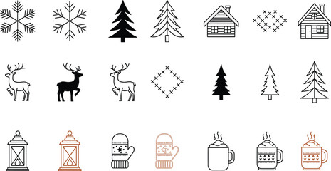 A winter themed icon set featuring snowflakes, trees, reindeer, cabins, mittens, and hot cocoa