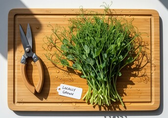 Fresh pea shoots microgreens on a wooden cutting board with scissors and locally grown tag