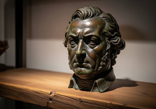 Detailed classical bronze bust sculpture of a serious man on a rustic wooden shelf