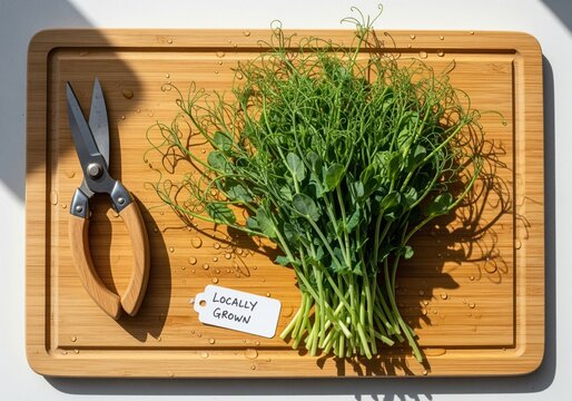 Fresh pea shoots microgreens on a wooden cutting board with scissors and locally grown tag - Powered by Adobe