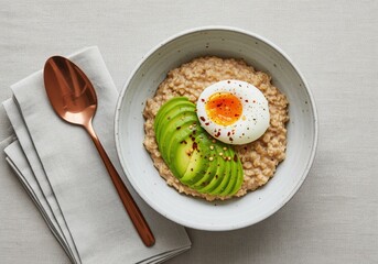 Healthy savory oatmeal breakfast bowl with soft poached egg and fresh avocado slices