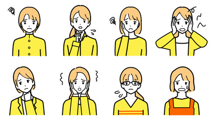 困っている表情の若い女性の上半身のセット