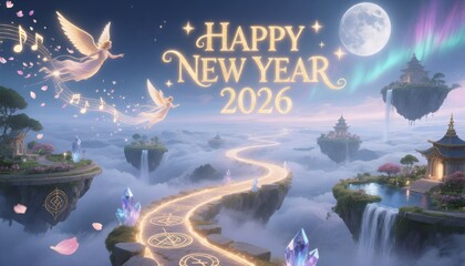Ethereal New Year 2026 Sky with Floating Islands and Angels fantasy