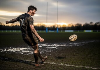 Focused rugby player covered in mud kicking the ball on a wet field at sunset