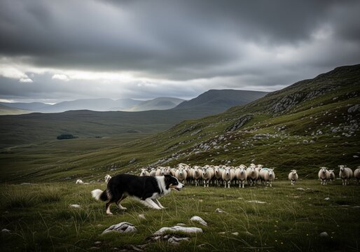 Focused border collie dog actively herding sheep on a rugged green mountain slope