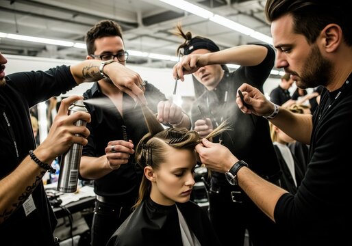 Intense backstage moment as professional stylists apply hairspray to model hair