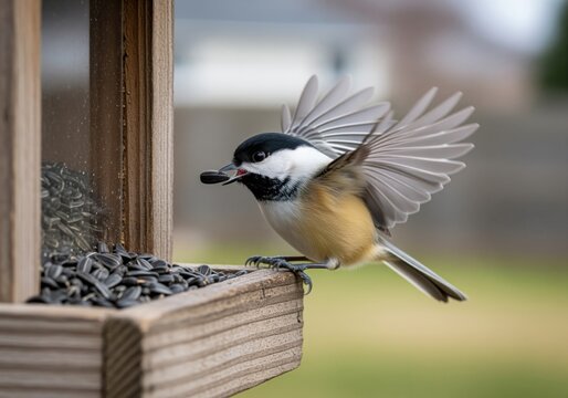 Black capped chickadee bird flying with wings spread taking a sunflower seed from feeder