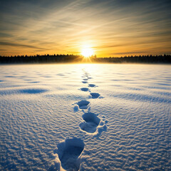  AI-Generated image of a serene winter landscape showing a trail of footprints