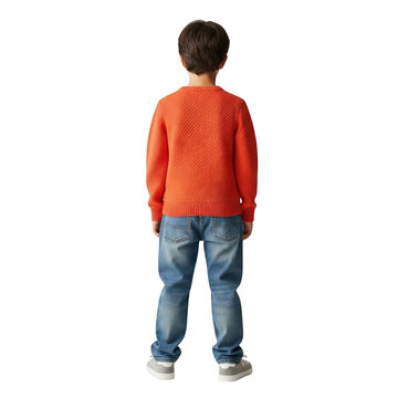 Boy in orange sweater and jeans standing isolated on transparent background