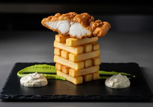 Gourmet fish and chips stack featuring crispy battered cod fillet and thick golden fries