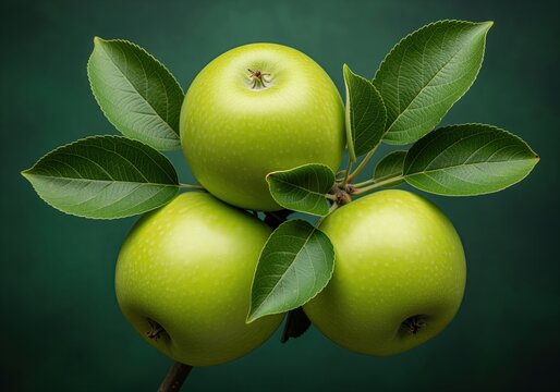 Pristine trio of bright green apples and lush leaves on a branch studio photograph