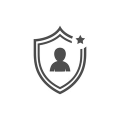 A stylized shield icon with a silhouette of a person inside and a star on the side.