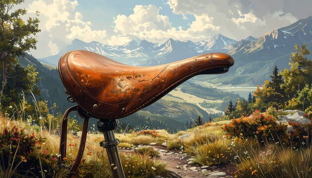 A vintage bicycle saddle overlooking a stunning mountain landscape vista view
