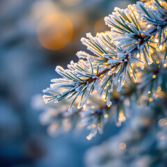  AI-Generated image of a close-up frosted pine branch glistening in the soft golden light of sunrise.