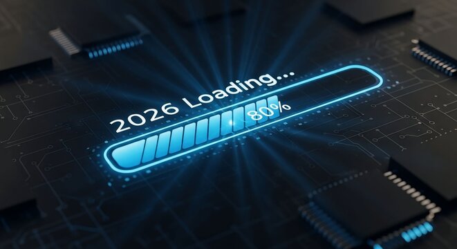 Futuristic loading bar showing 2026 progress on a dark circuit board background