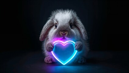 Cute grey and white rabbit holding a pink and blue neon heart