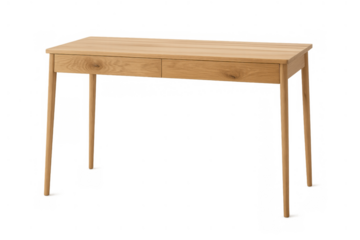 Light wood office desk with drawers, minimalist wooden table, modern home workspace furniture, transparent background