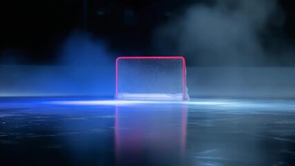 video 4K Empty illuminated hockey goal on ice rink with glowing blue lines and red frame, dramatic lighting and reflections creating futuristic sports atmosphere hockey, ice