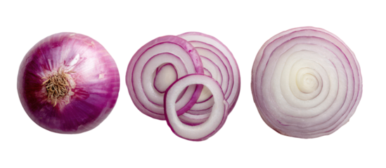 Whole and sliced red onion isolated on transparent background