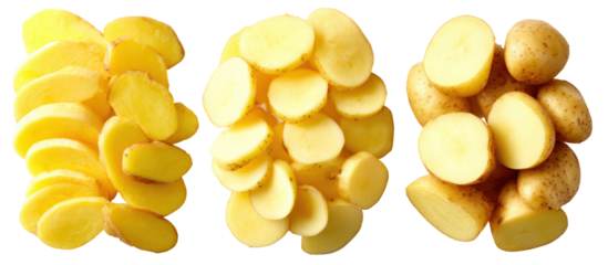 Three rows of sliced raw potatoes isolated on transparent background