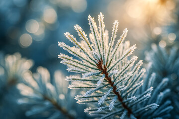  AI-Generated image of a close-up pine branch covered in delicate frost crystals