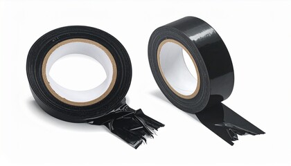 Two rolls of black electrical tape isolated on a white background, perfect for DIY, repair, and construction projects.
