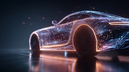 metaverse holographic futuristic car, digital particles, glowing wireframe, neon virtual environment, sci-fi style