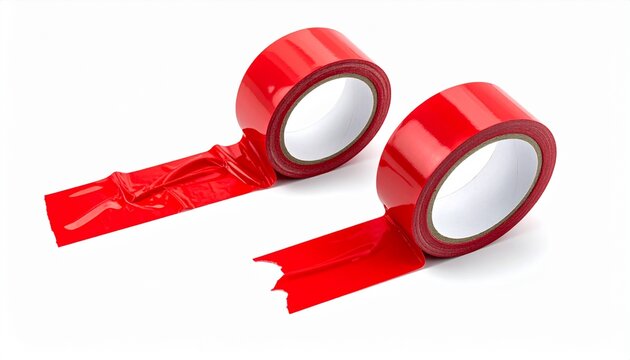 Two rolls of red adhesive tape with torn ends on a white background, isolated. Packaging and repair concept.
