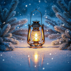  AI-Generated image of a glowing lantern resting on a snowy ground surrounded by frost-covered pine branches.