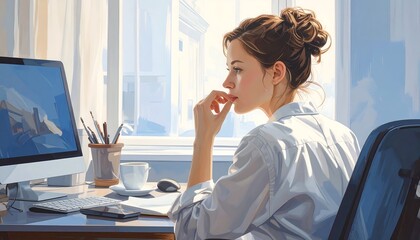 A woman working from home office, thinking while looking at a computer monitor