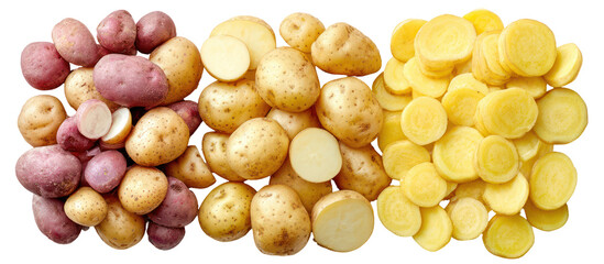 Three varieties of potatoes whole and sliced isolated on transparent background