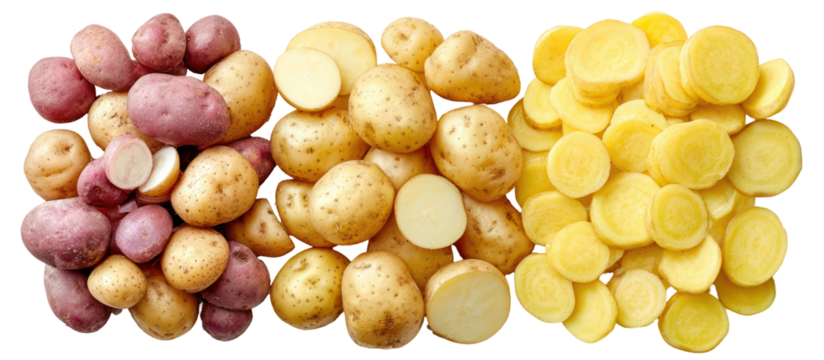 Three varieties of potatoes whole and sliced isolated on transparent background