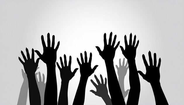 Silhouettes of raised hands against a light background, symbolizing participation, voting, or asking questions.