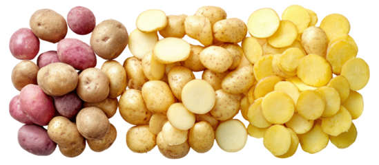 Variety of potatoes whole sliced and peeled isolated on transparent background