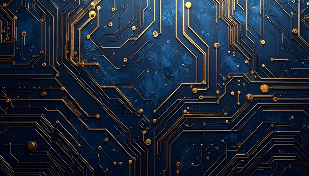 Abstract circuit board background, blue and gold electronic pattern, technology texture, digital data lines, AI generated