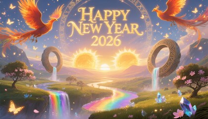 Happy New Year 2026 Fantasy Landscape with Phoenixes and Rainbow River mythical bird