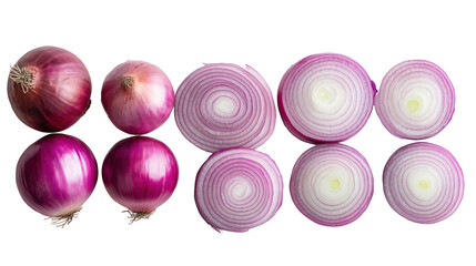 Red onions whole and sliced isolated on transparent background