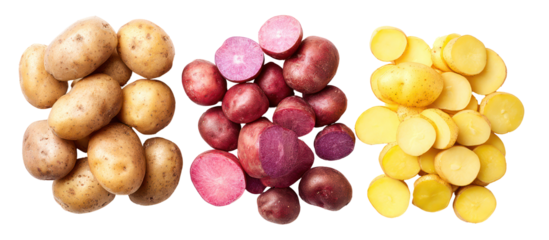 Three varieties of potatoes whole and sliced isolated on transparent background